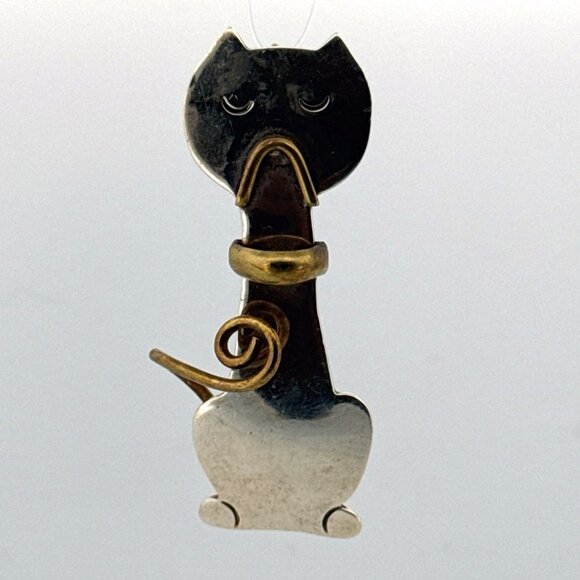 Estate Mexico Sterling Silver 925 & Brass Cat Brooch Pin, 18.1g, Vintage - Picture 1 of 8